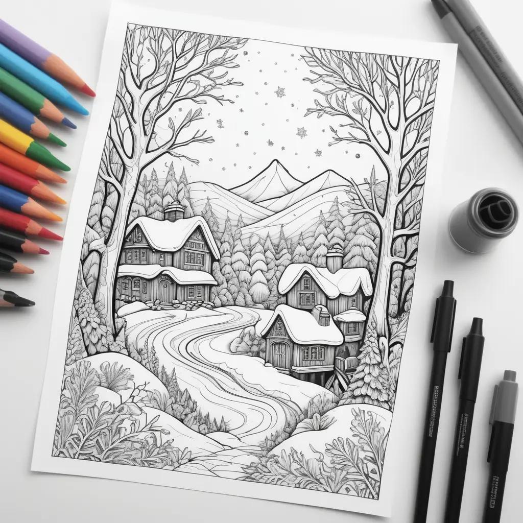 Winter coloring pages: snowy village, mountains, houses, trees and stars