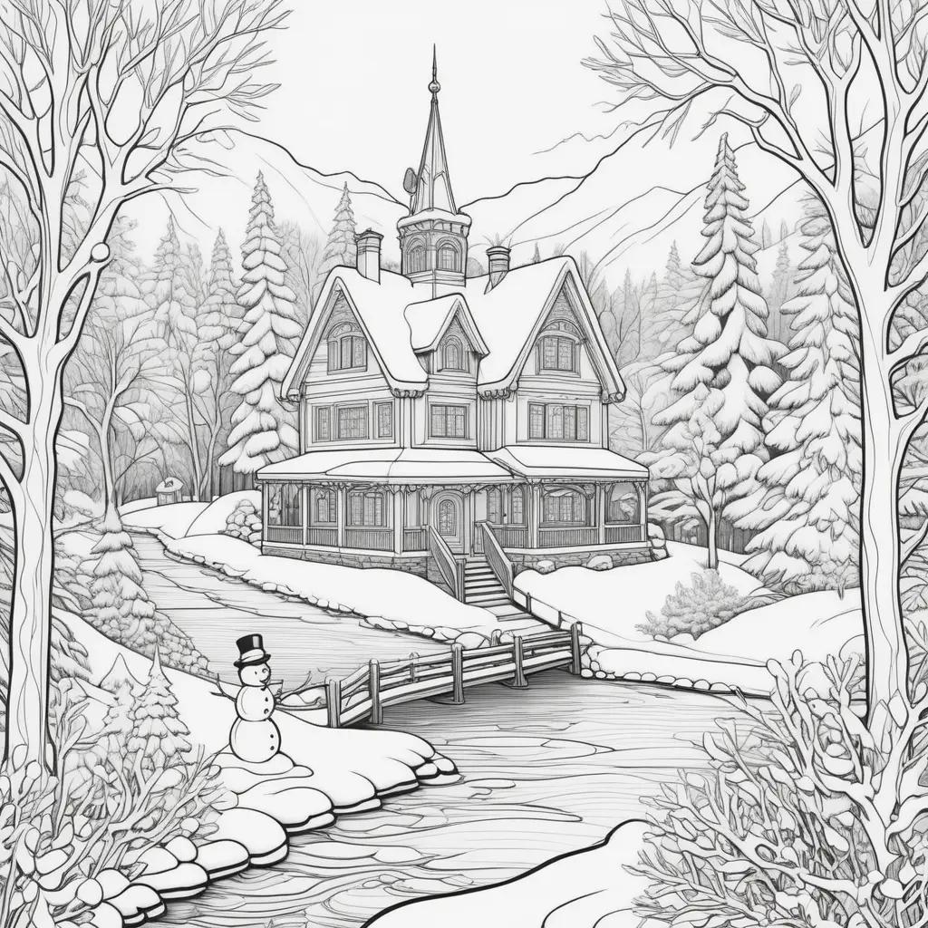 Winter coloring pages feature a snowy house and bridge