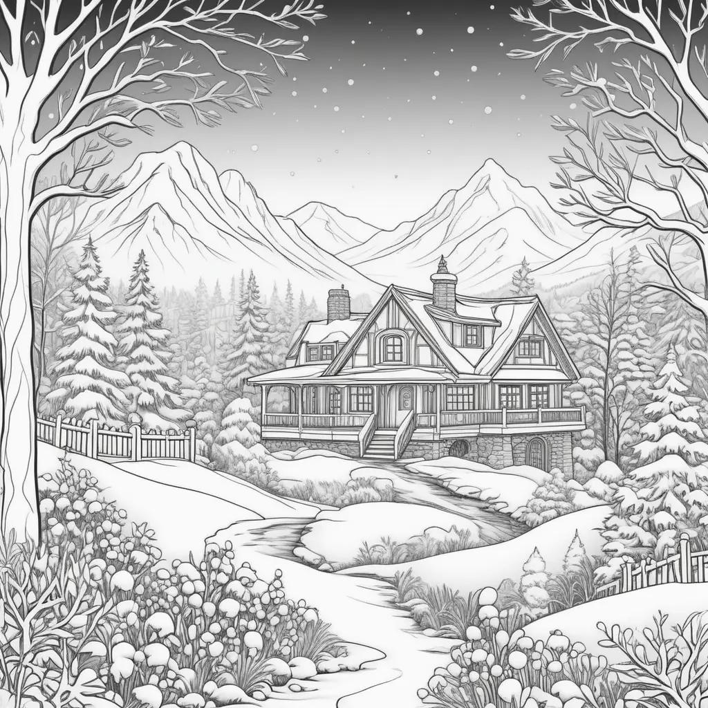 Winter coloring pages featuring a cozy house in a snowy landscape