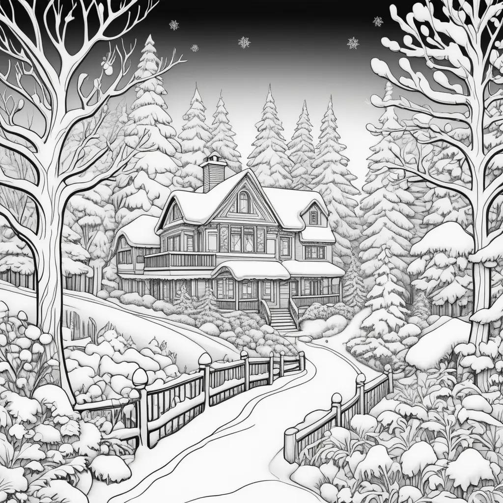 Winter coloring pages featuring a house and a tree