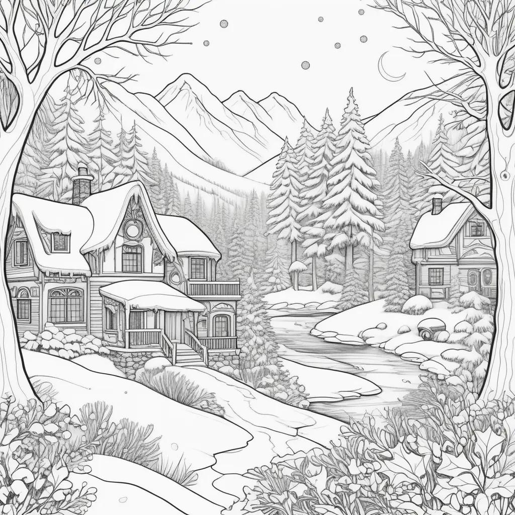 Winter coloring pages featuring a snowy landscape with a mountain range and a house