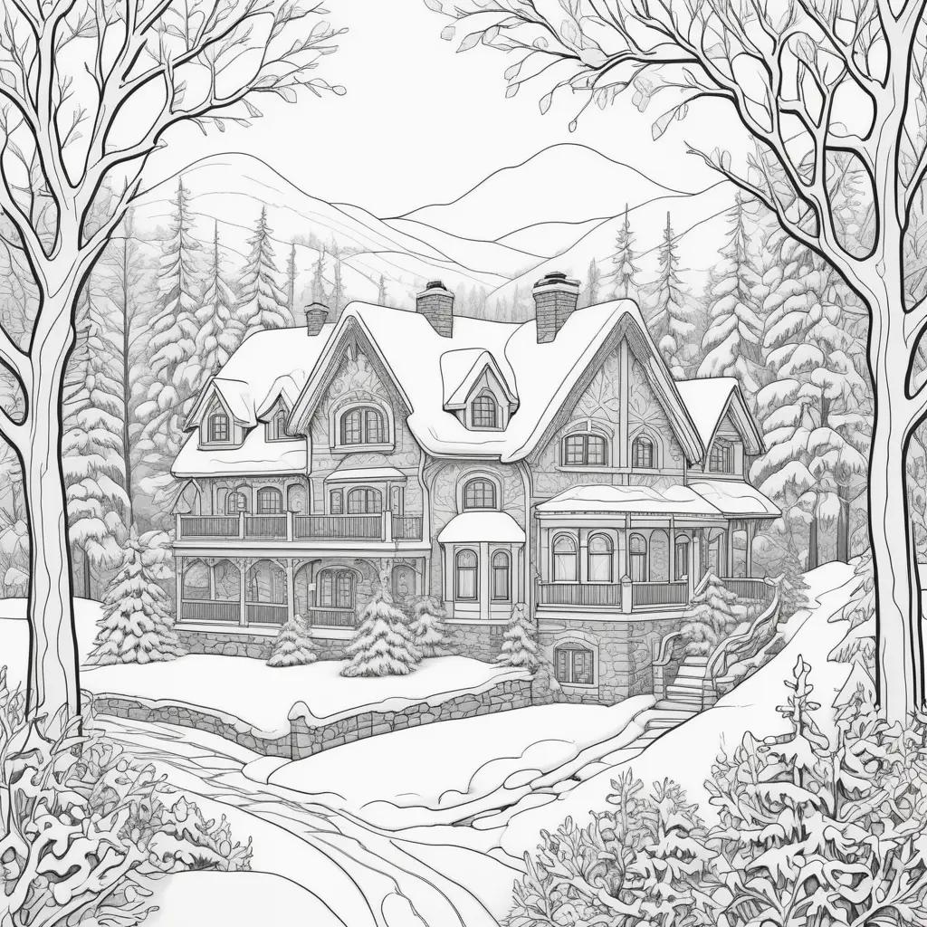 Winter coloring pages of a house and a path