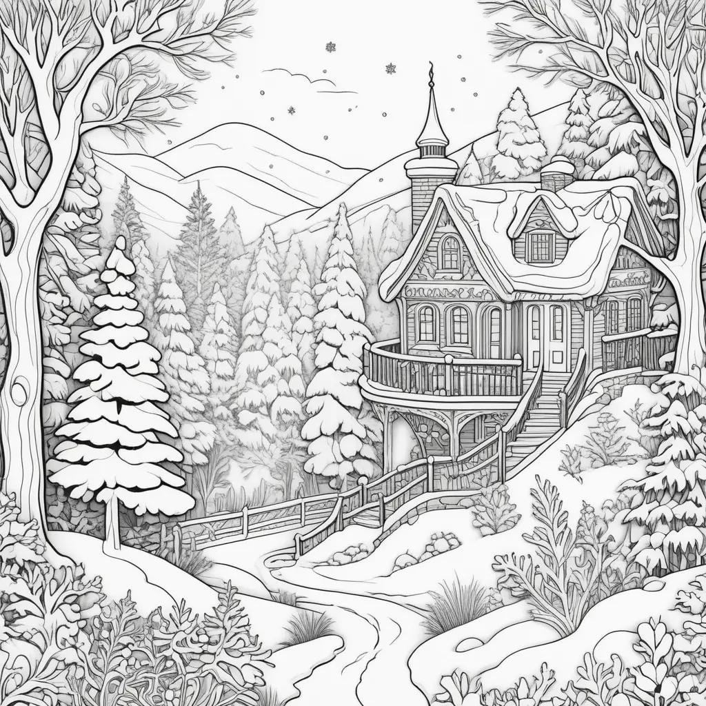 Winter coloring pages with a church and snowy mountains