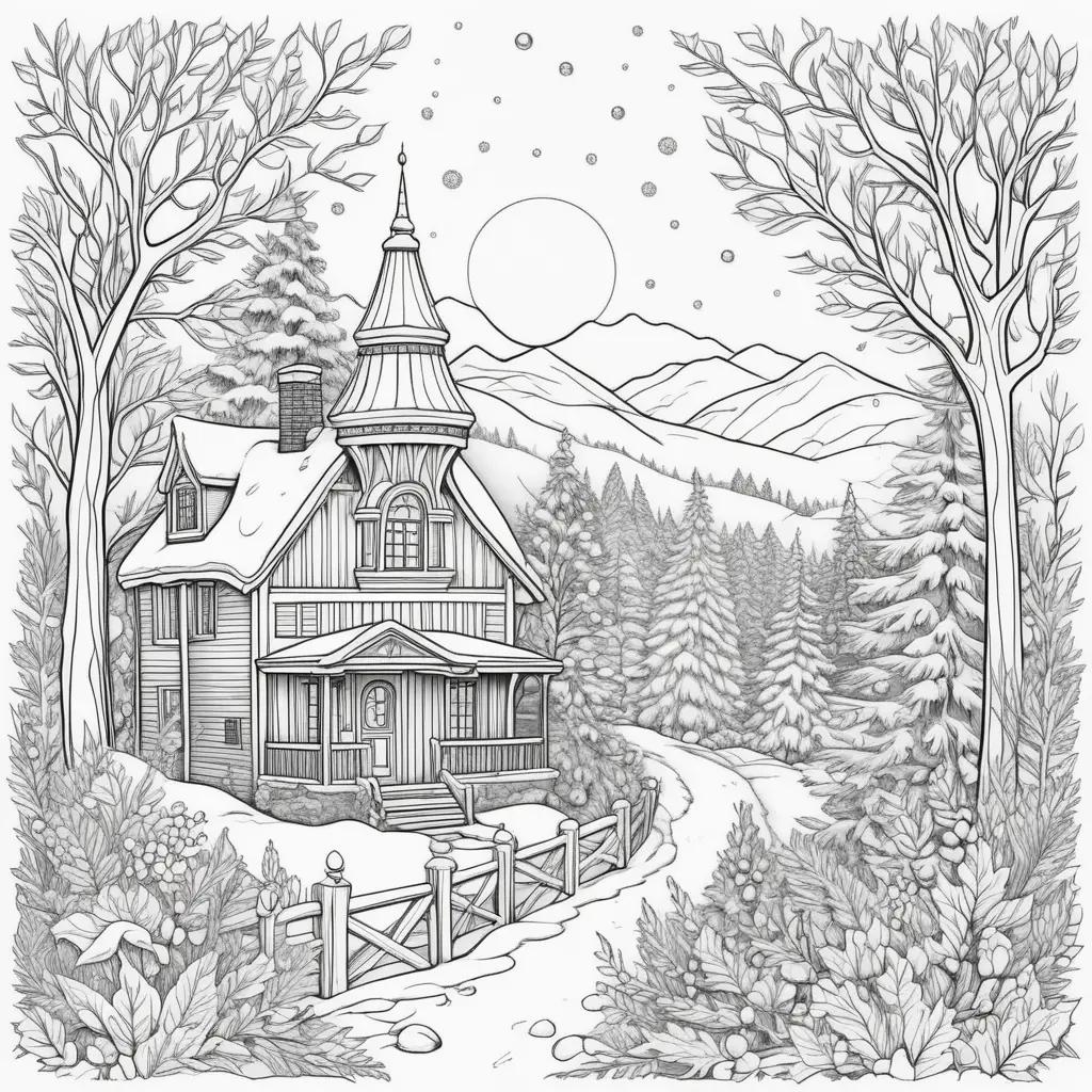 Winter coloring pages with a house and trees