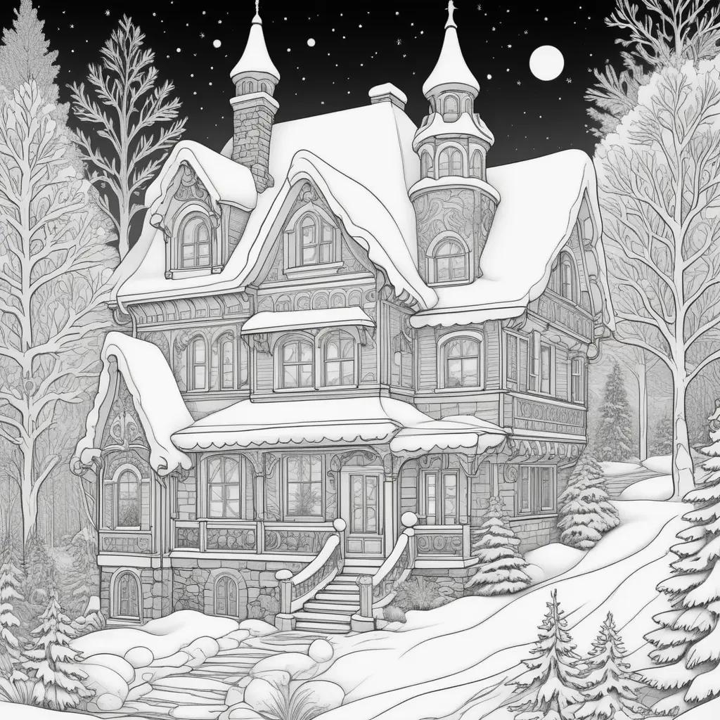 Winter coloring pages with a snowy house and trees