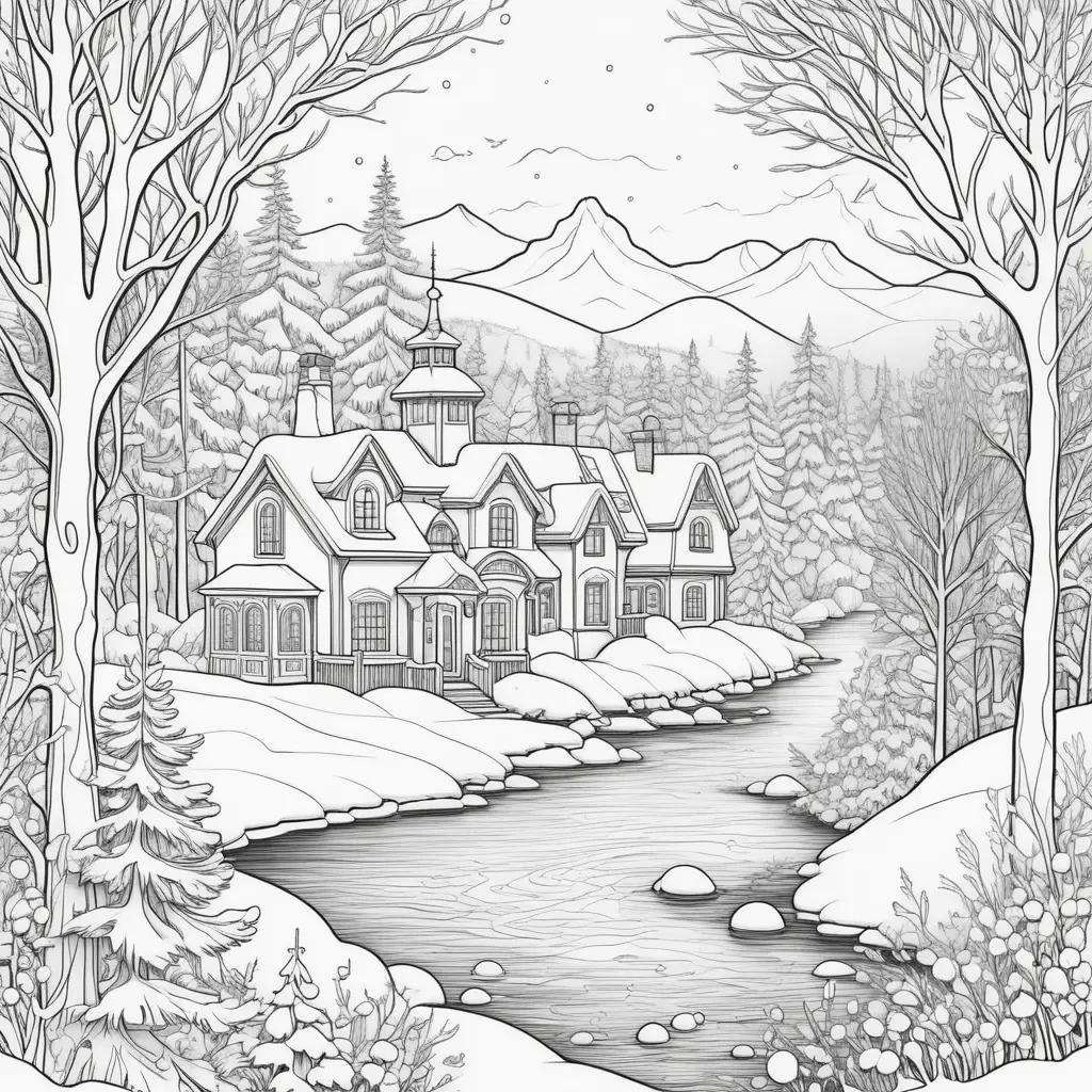 Winter coloring pages with a tree and a house