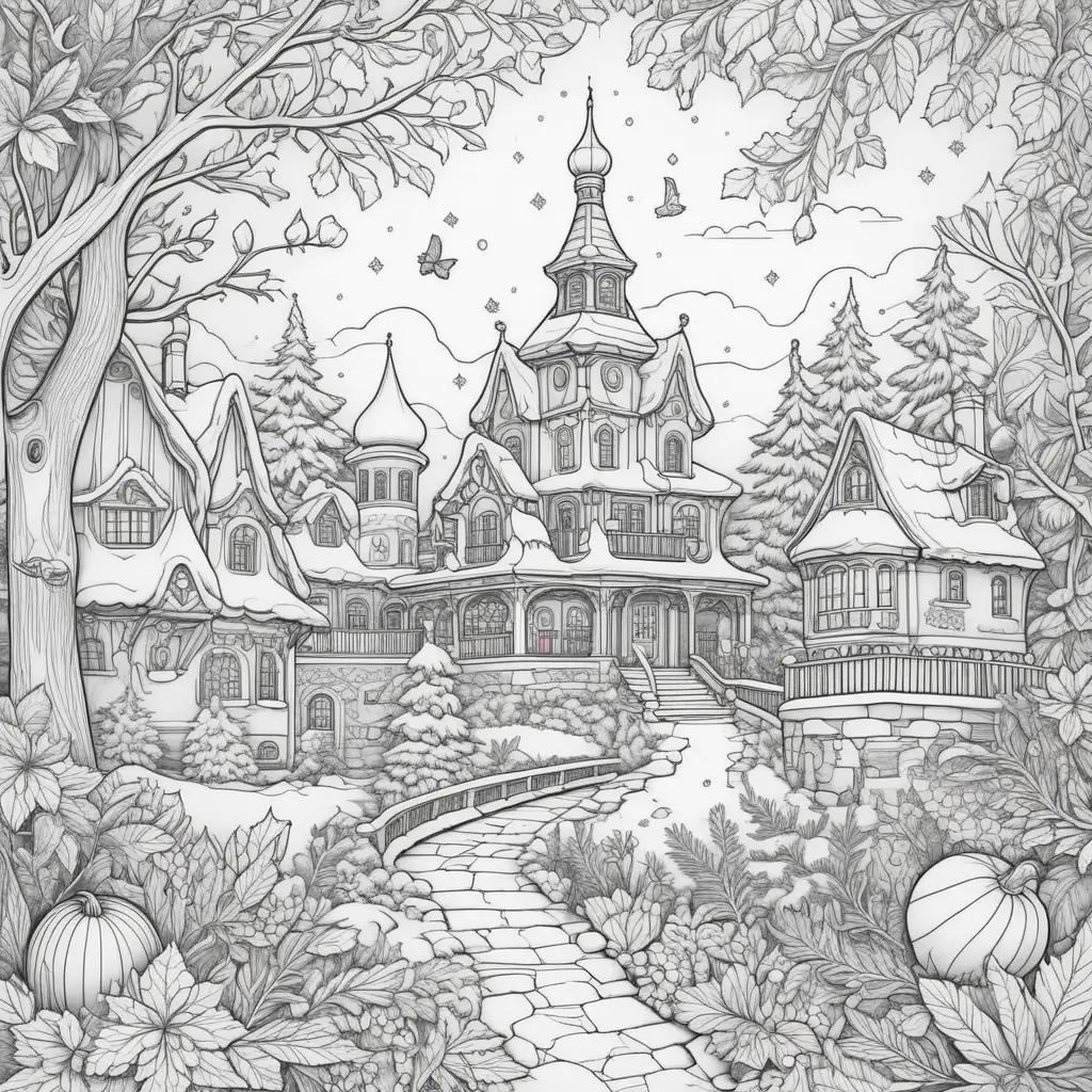 Winter coloring pages with a village and pumpkins