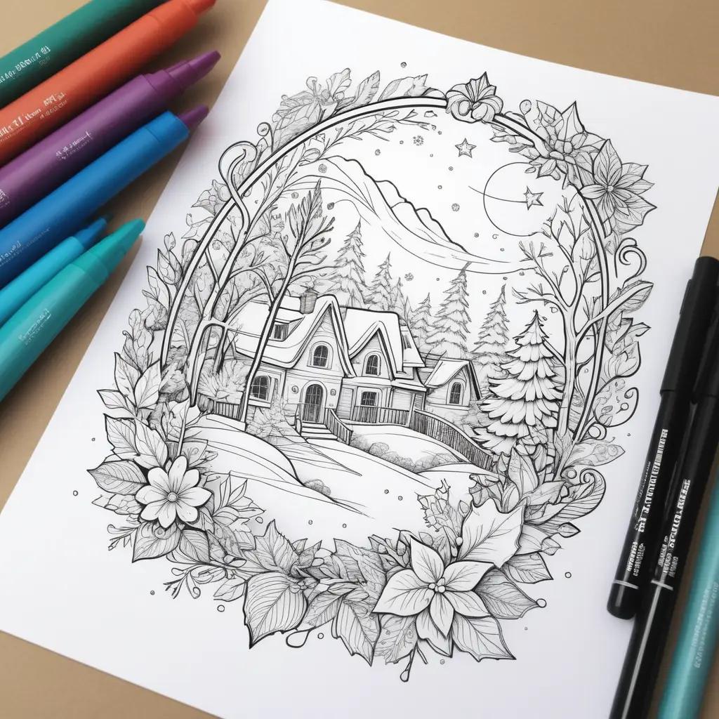 Winter coloring pages with house, stars and poinsettias