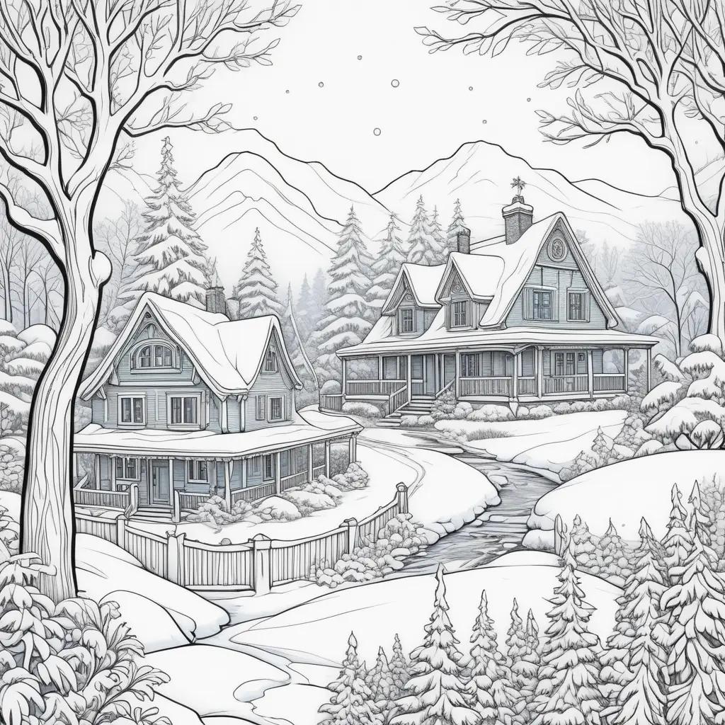 Winter coloring pages with houses and trees