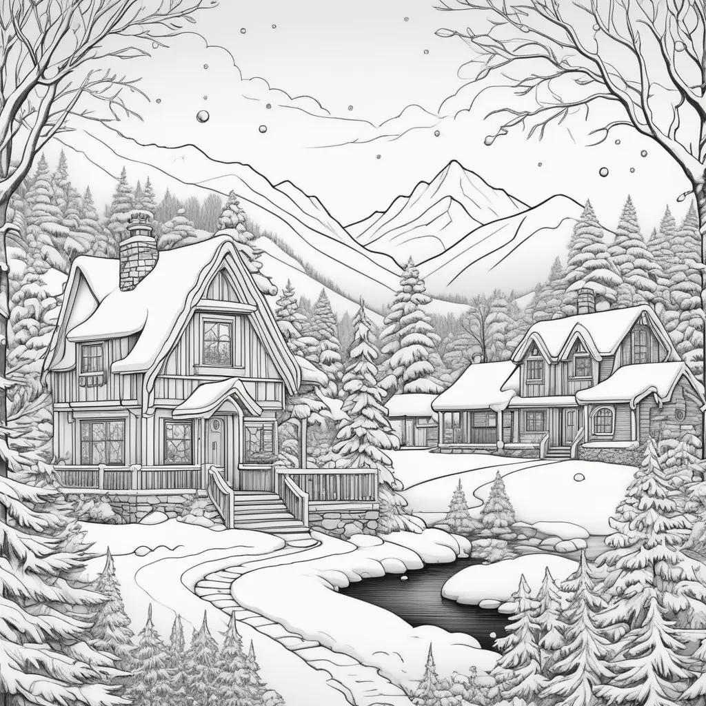 Winter coloring pages with mountains, houses and trees