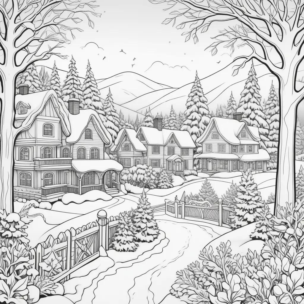 Winter coloring pages with snow, trees, houses and birds