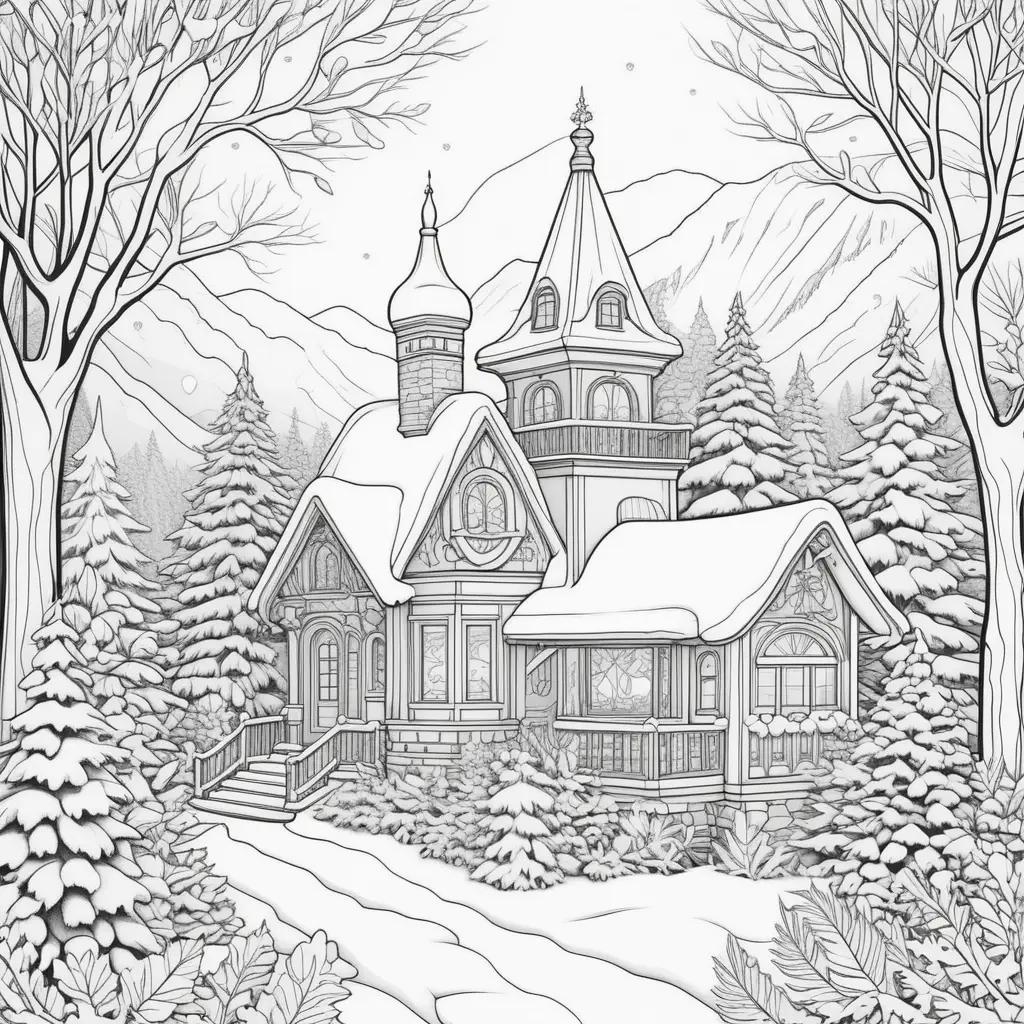Winter coloring pages with snowy house, trees, and mountains