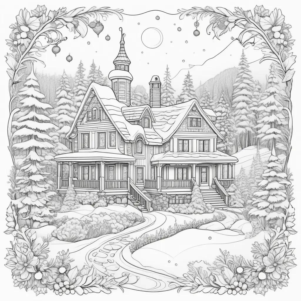 Winter coloring pages with snowy house and pine trees