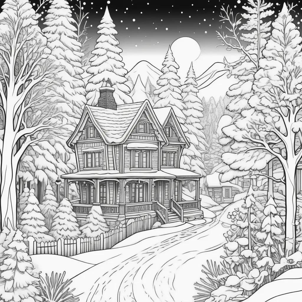 Winter coloring pages with snowy house and trees