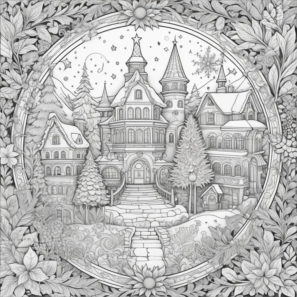 Winter holiday coloring pages featuring a castle and trees