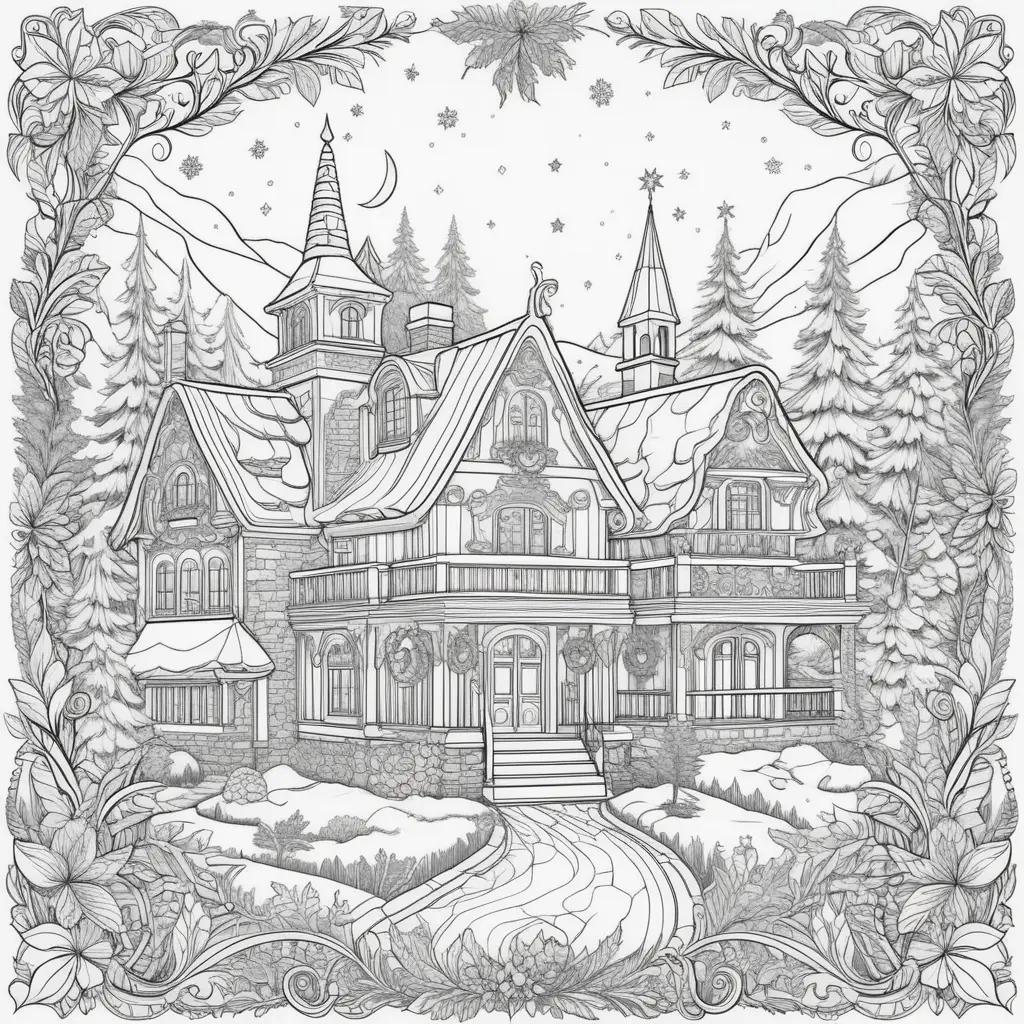 Winter holiday coloring pages featuring a house with snowflakes and trees