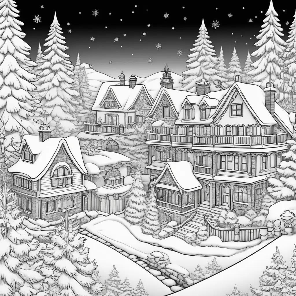 Winter holiday coloring pages of houses in the snow