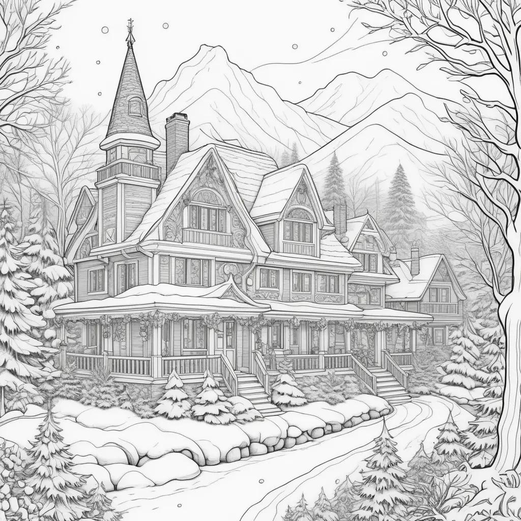 Winter holiday coloring pages with a large house and trees