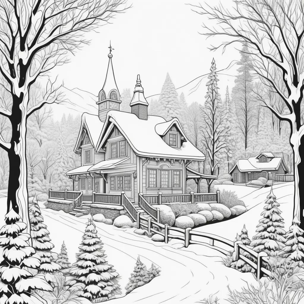 Winter scene with Christmas tree and snow-covered buildings