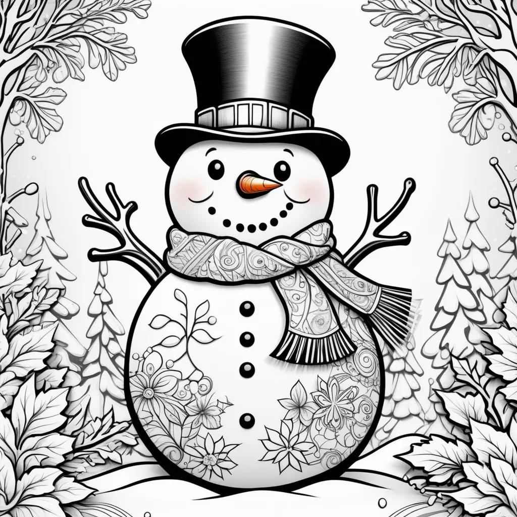 Winter snowman coloring page with snowflakes and flowers