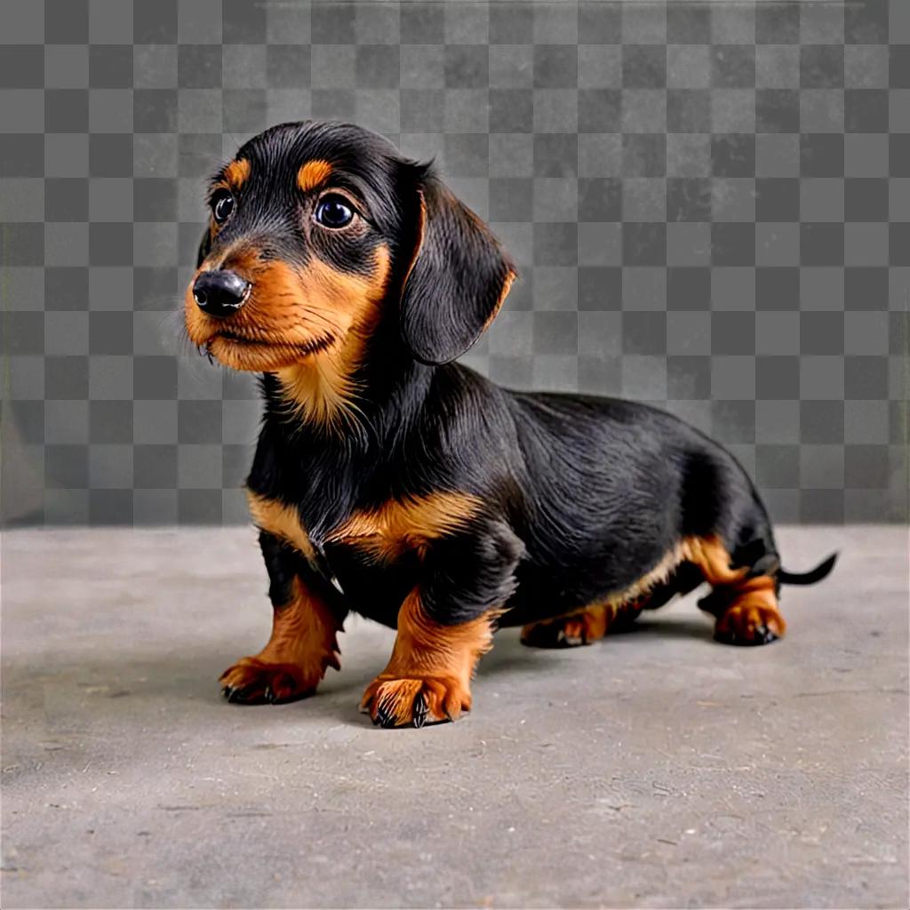 Wire haired dachshund puppies standing on a gray surface