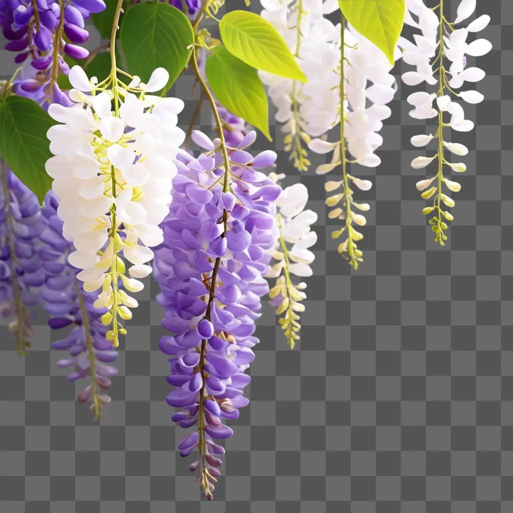 Wisteria flowers with green leaves in the background