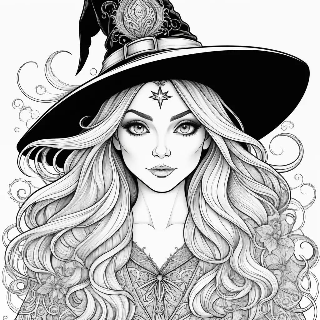 Witch Coloring Pages - A collection of black and white illustrations featuring witches with intricate designs and patterns