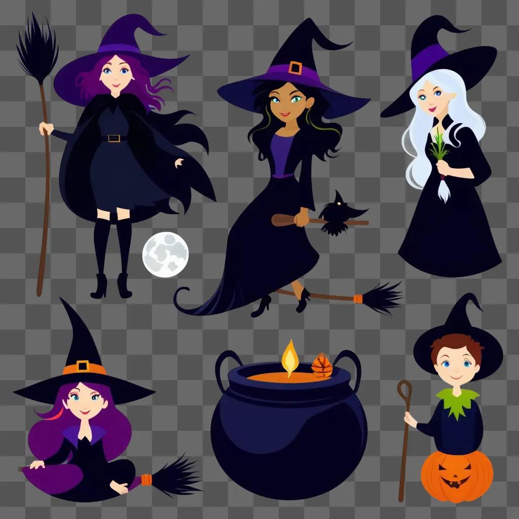 Witch clipart with broom, pumpkin, and moon