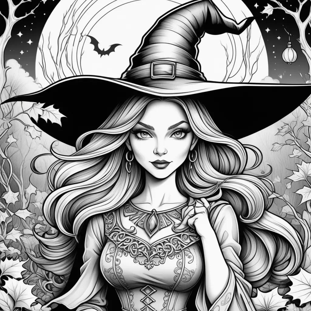 Witch coloring pages featuring a girl in a black hat and broom