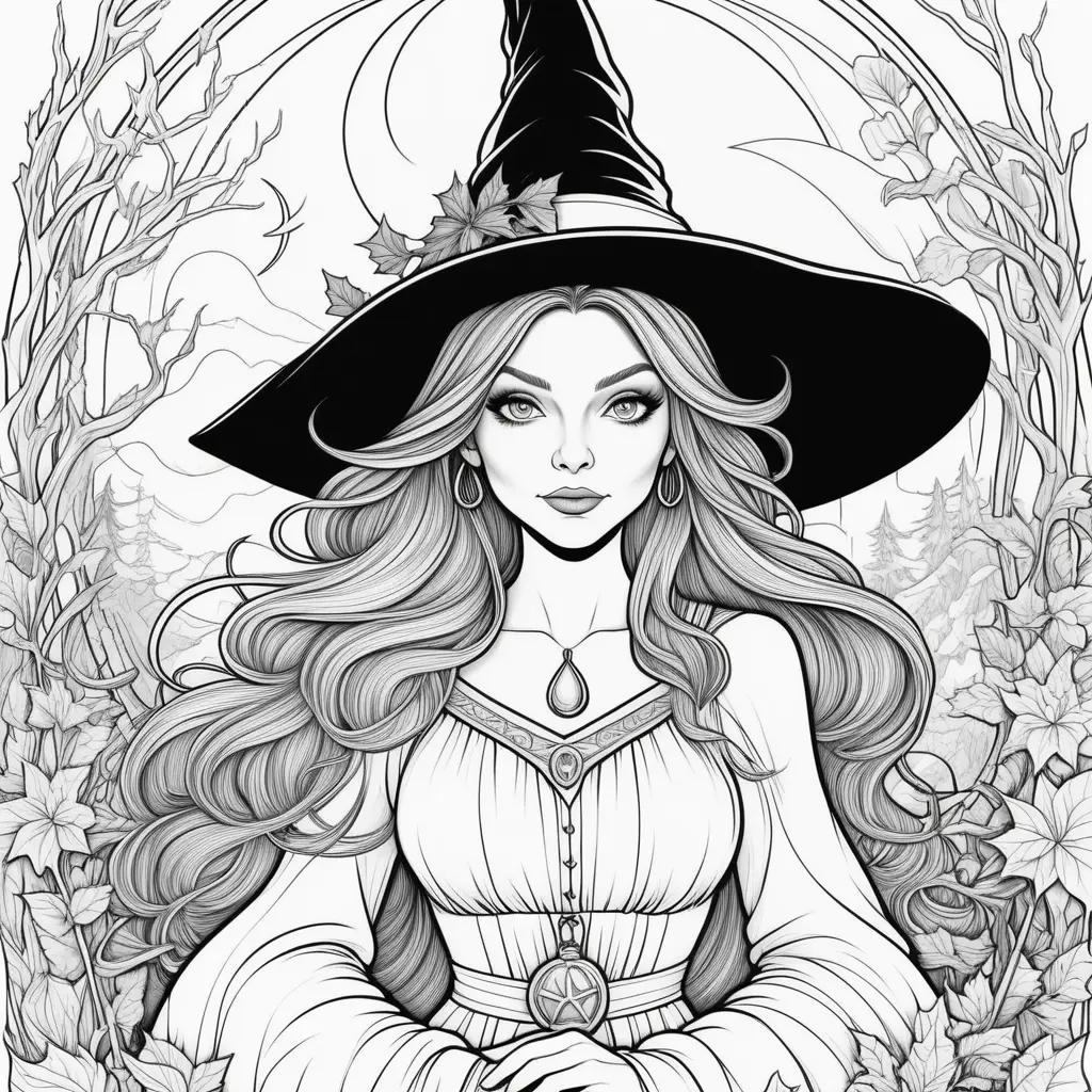 Witch coloring pages featuring a girl in a hat and a necklace