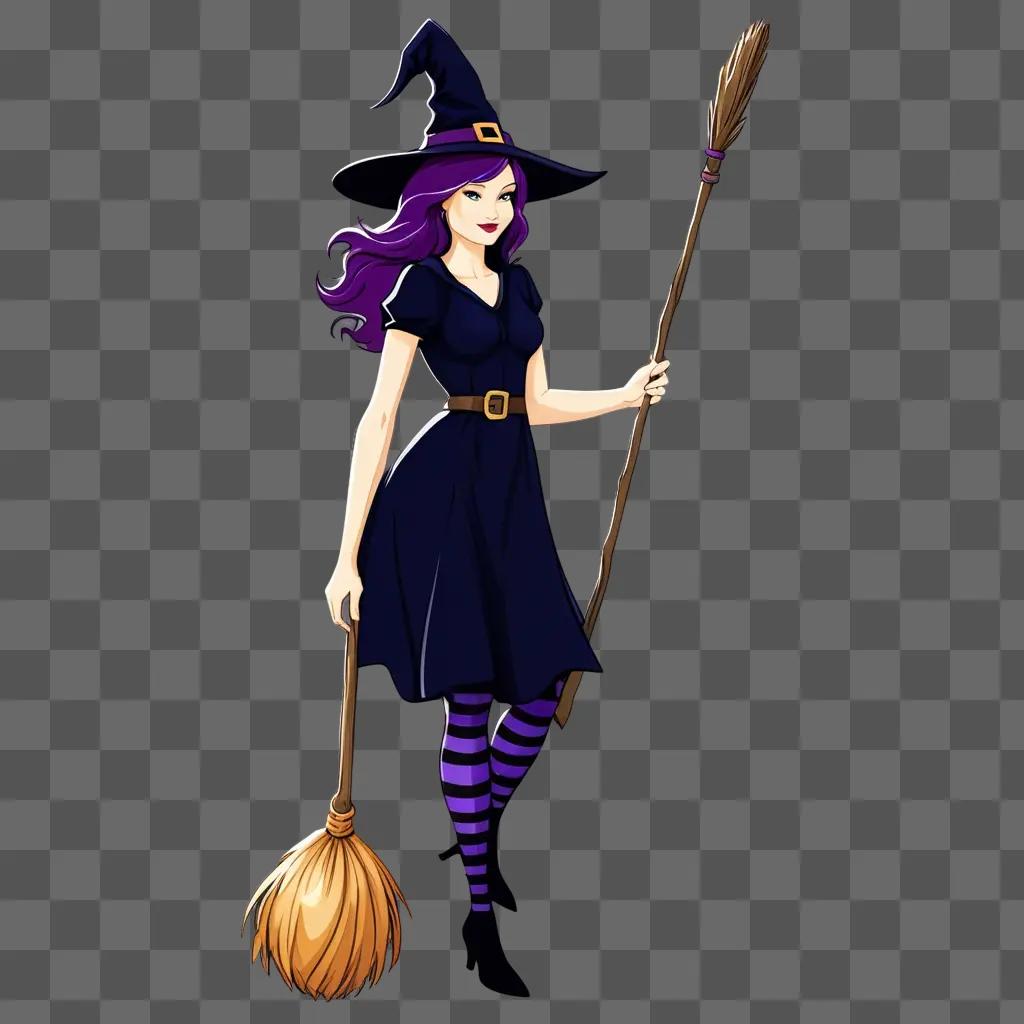 Witch with broom and purple tights in the dark