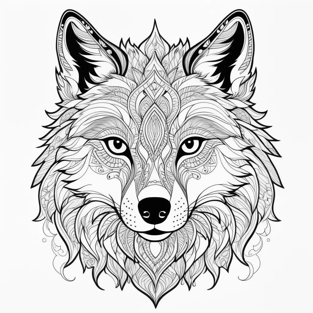 Wolf coloring page: a black and white drawing of a wolf with intricate designs