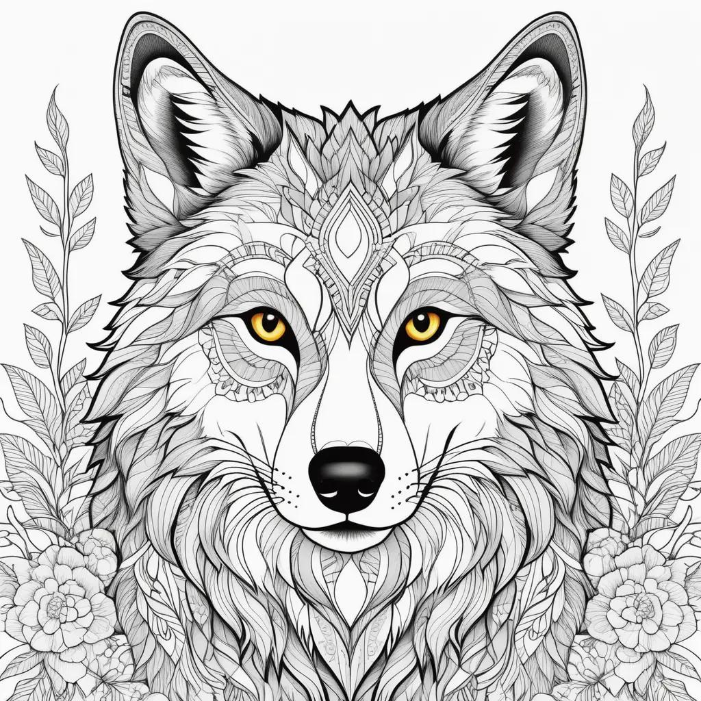 Wolf with flowers and leaves on a white background