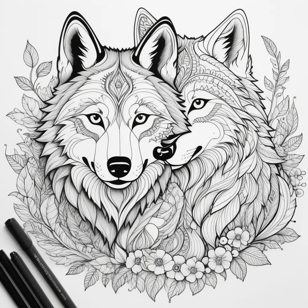 Wolves Coloring Pages: A Black and White Drawing of Two Wolves