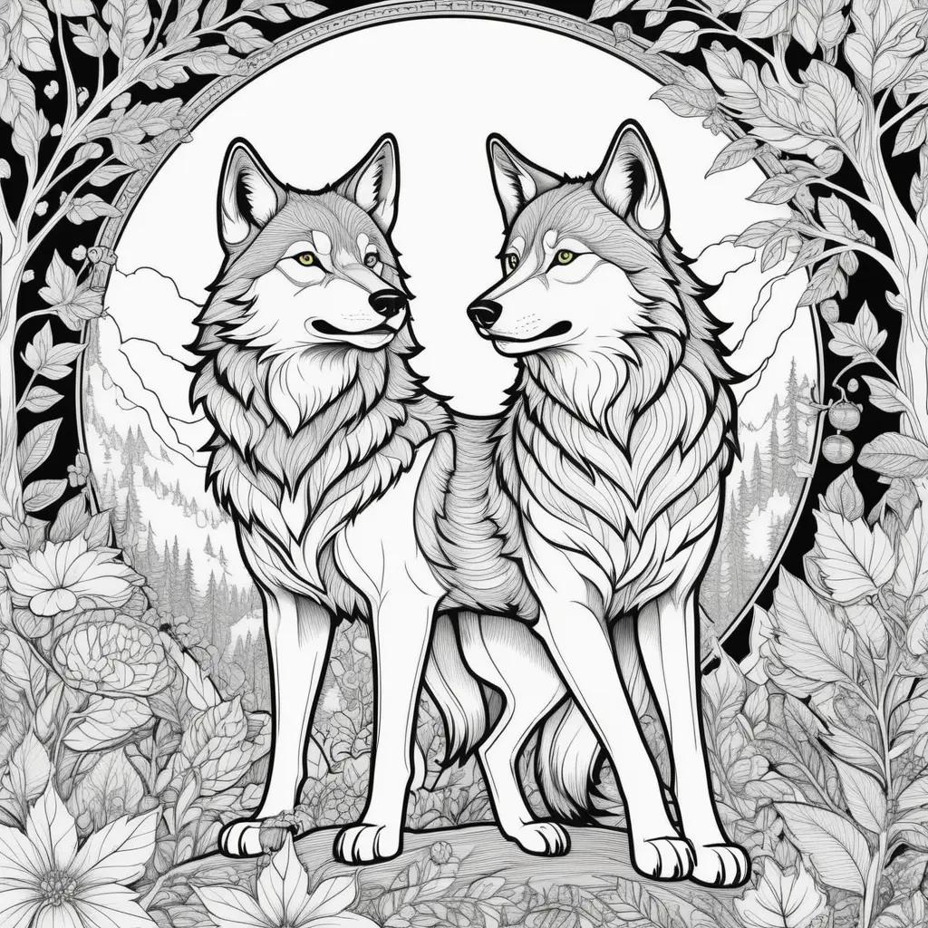 Wolves coloring pages with beautiful trees and flowers