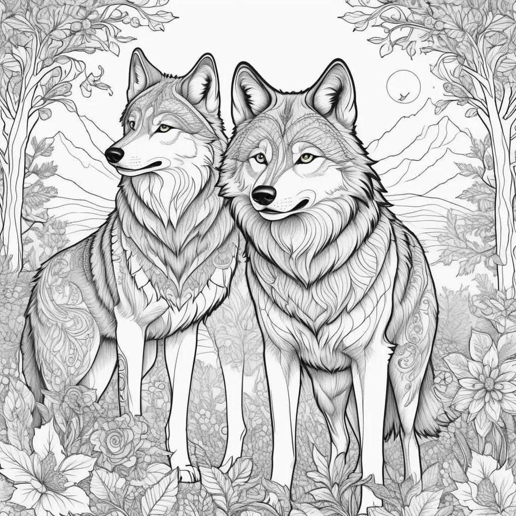 Wolves coloring pages with black and white color scheme