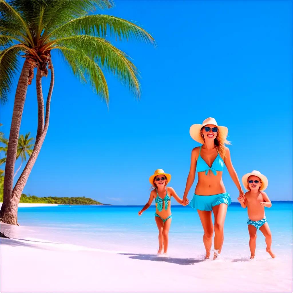 Woman and kids in swimsuits on beach under palm trees