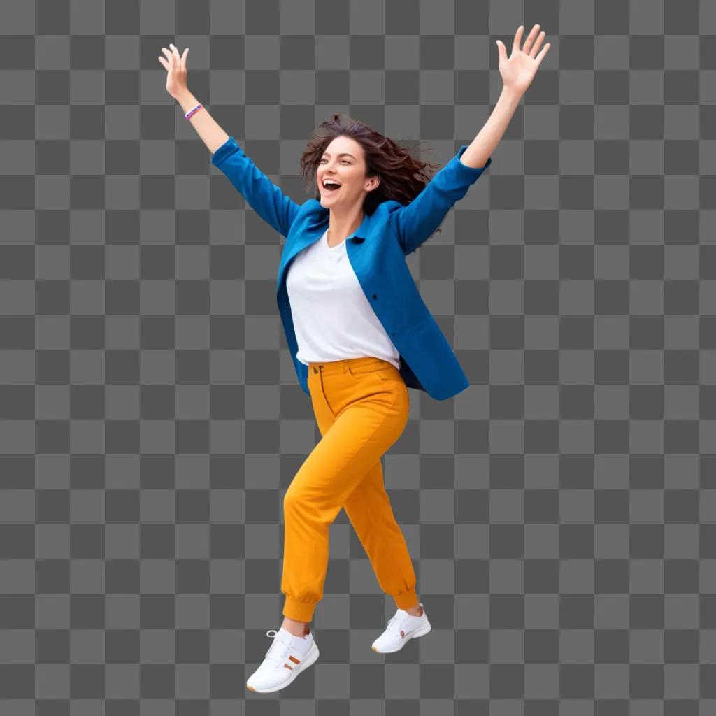 Woman in a vibrant yellow outfit engages in a joyful pose