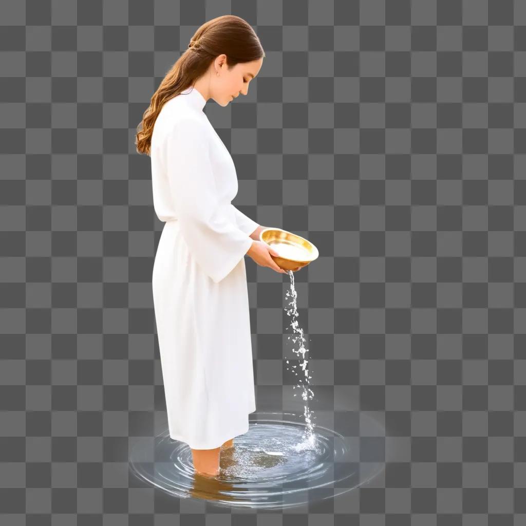 Woman in bath water with bowl of water