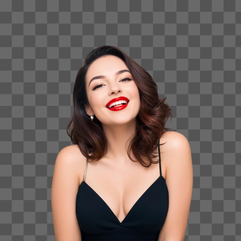 Woman in black dress smiles at camera with red lipstick