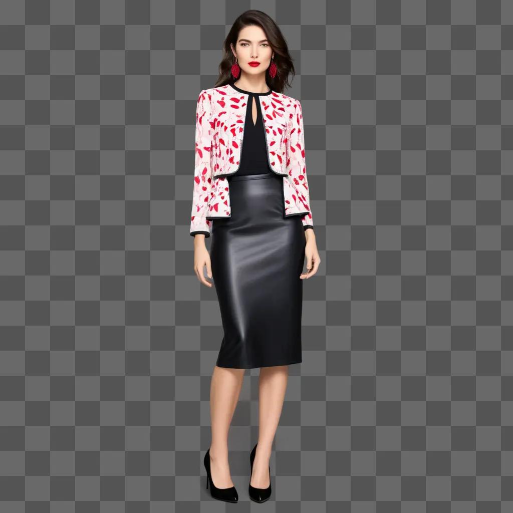 Woman in black leather skirt with lipstick print jacket