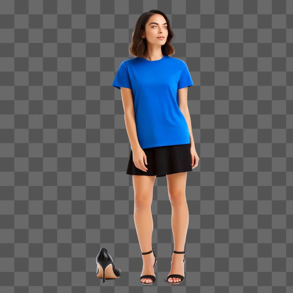 Woman in blue t-shirt and black skirt