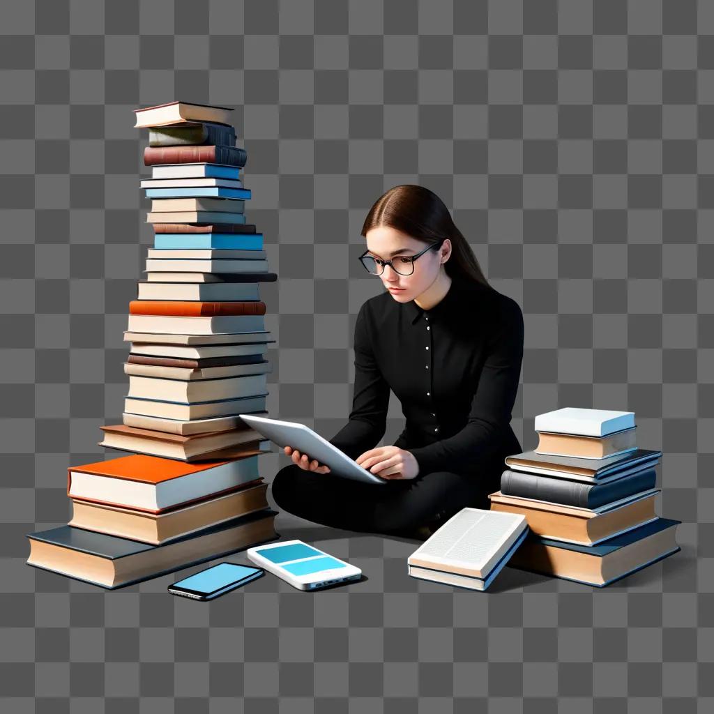 Woman in glasses, laptop and books, searching on her tablet