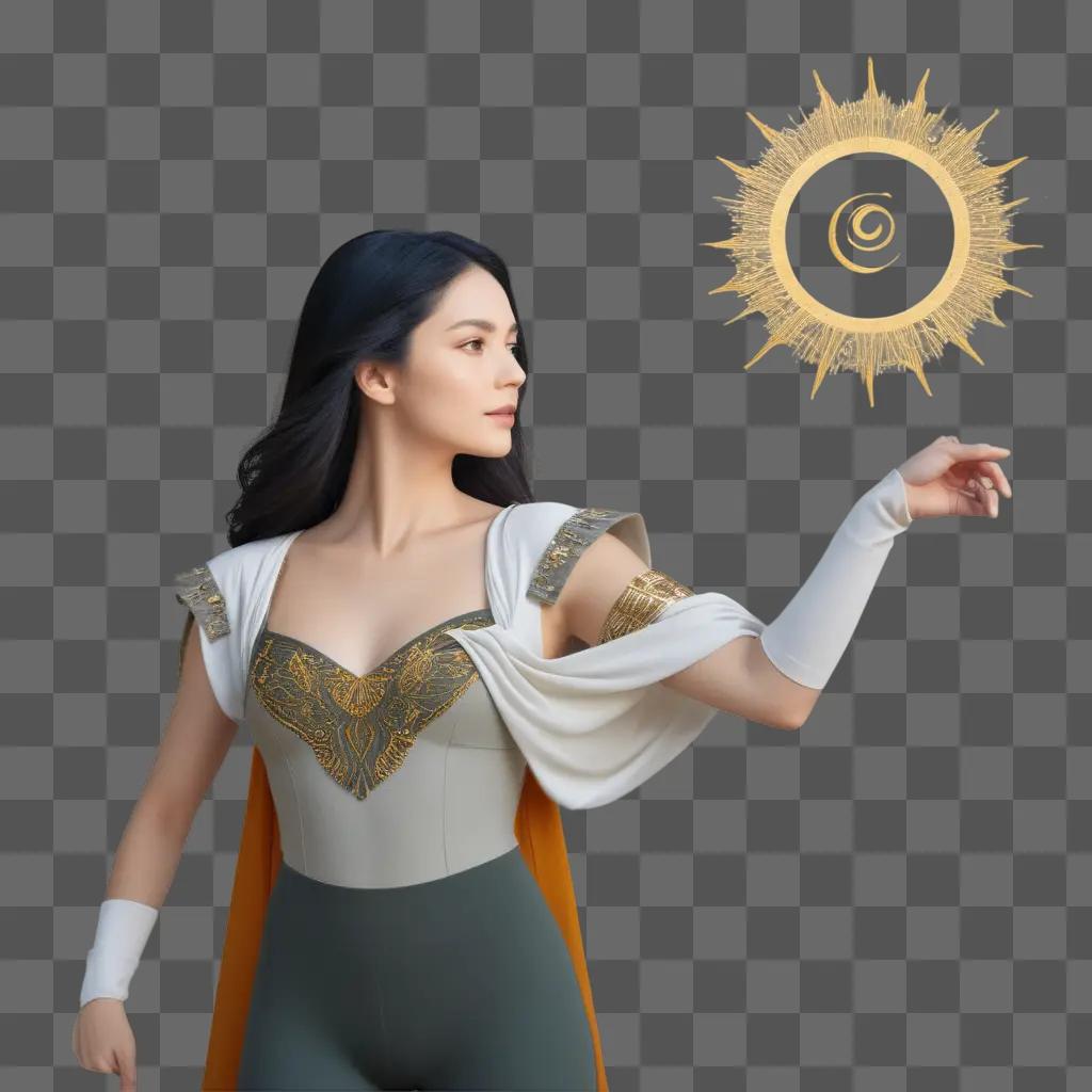 Woman in white costume with golden sun on her arm