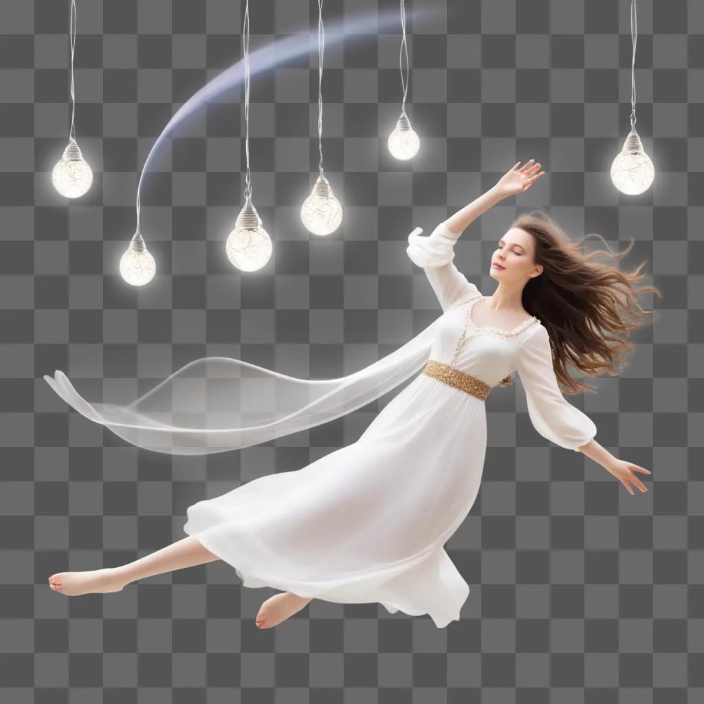 白いドレスを着た女性が空中に浮かび、頭上にライトが灯っている