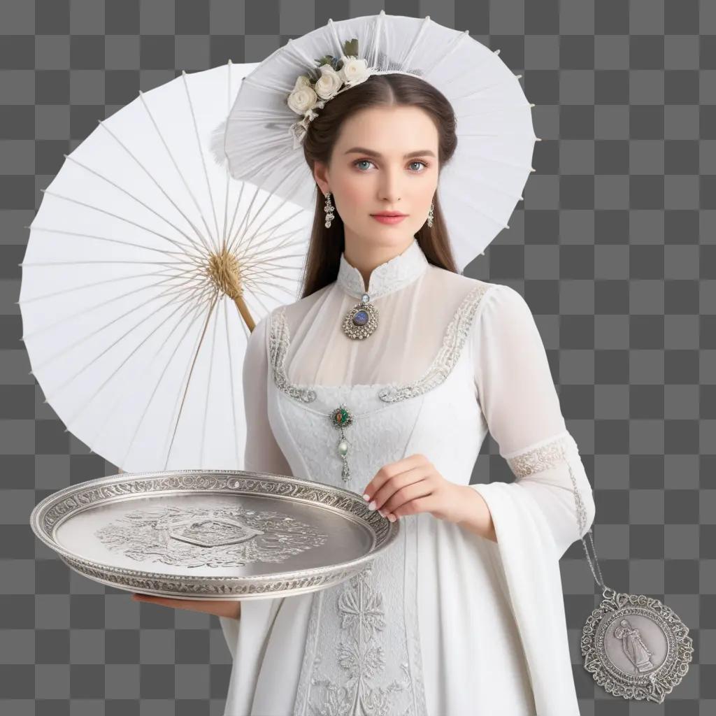 銀貨と傘を持つ白いドレスの女性