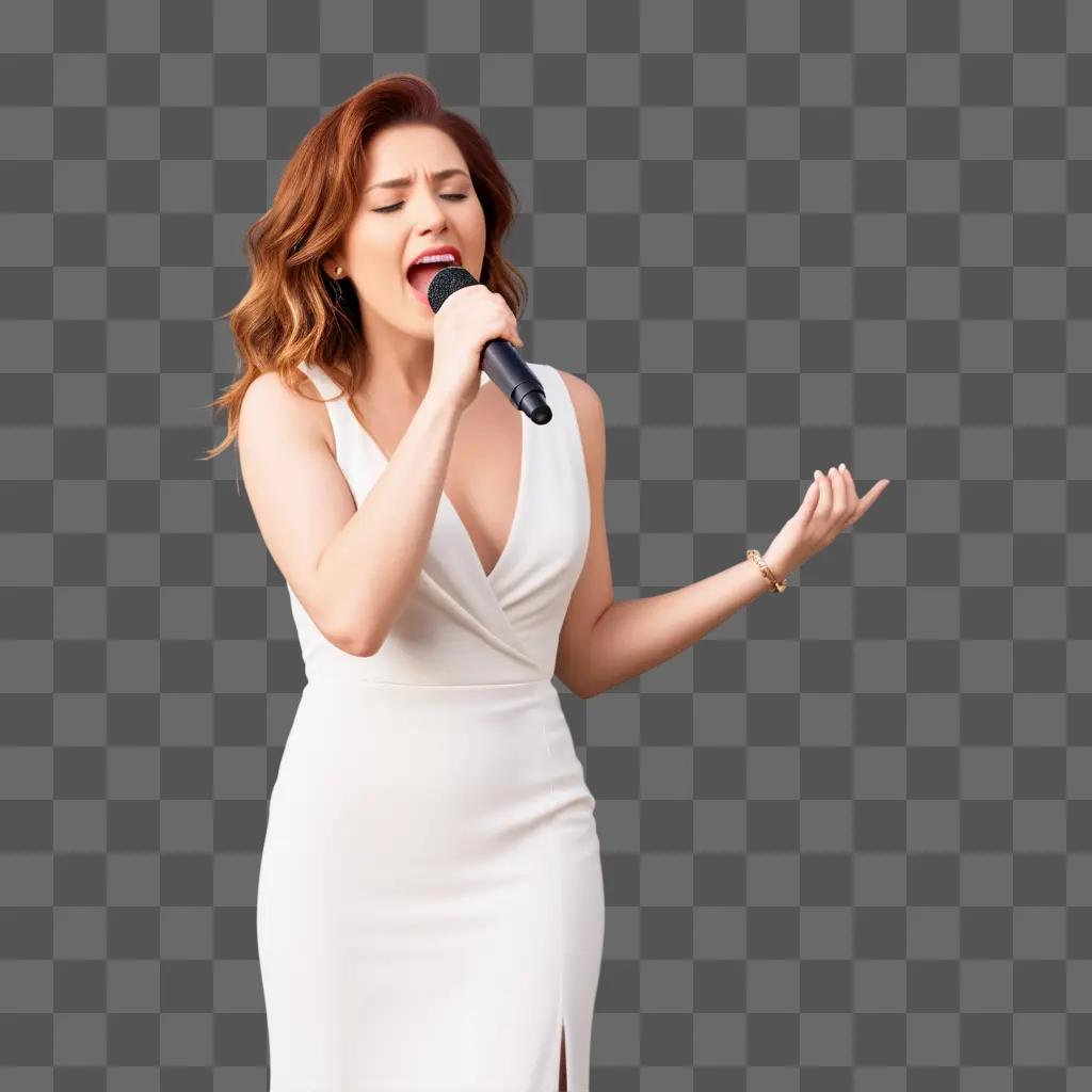 Woman in white dress singing into microphone