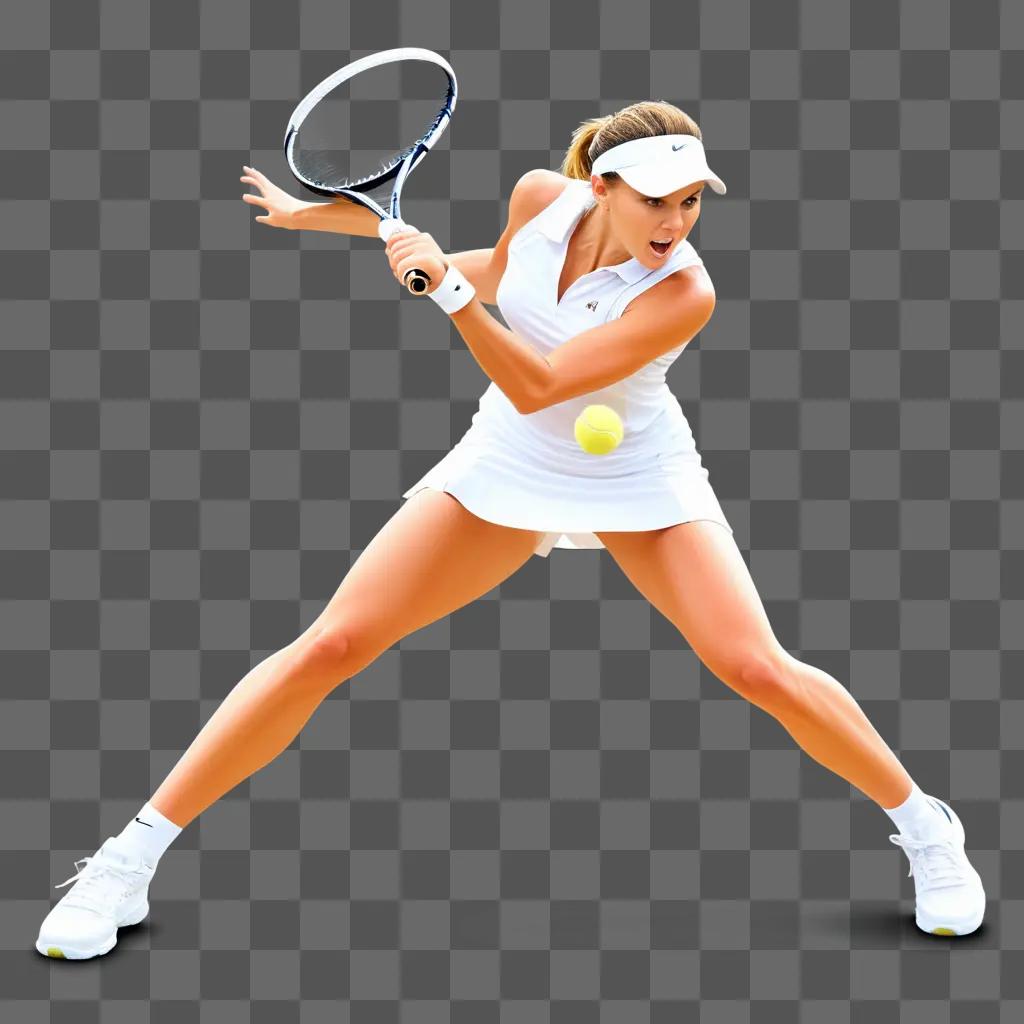 テニスラケットを振る白いドレスの女性