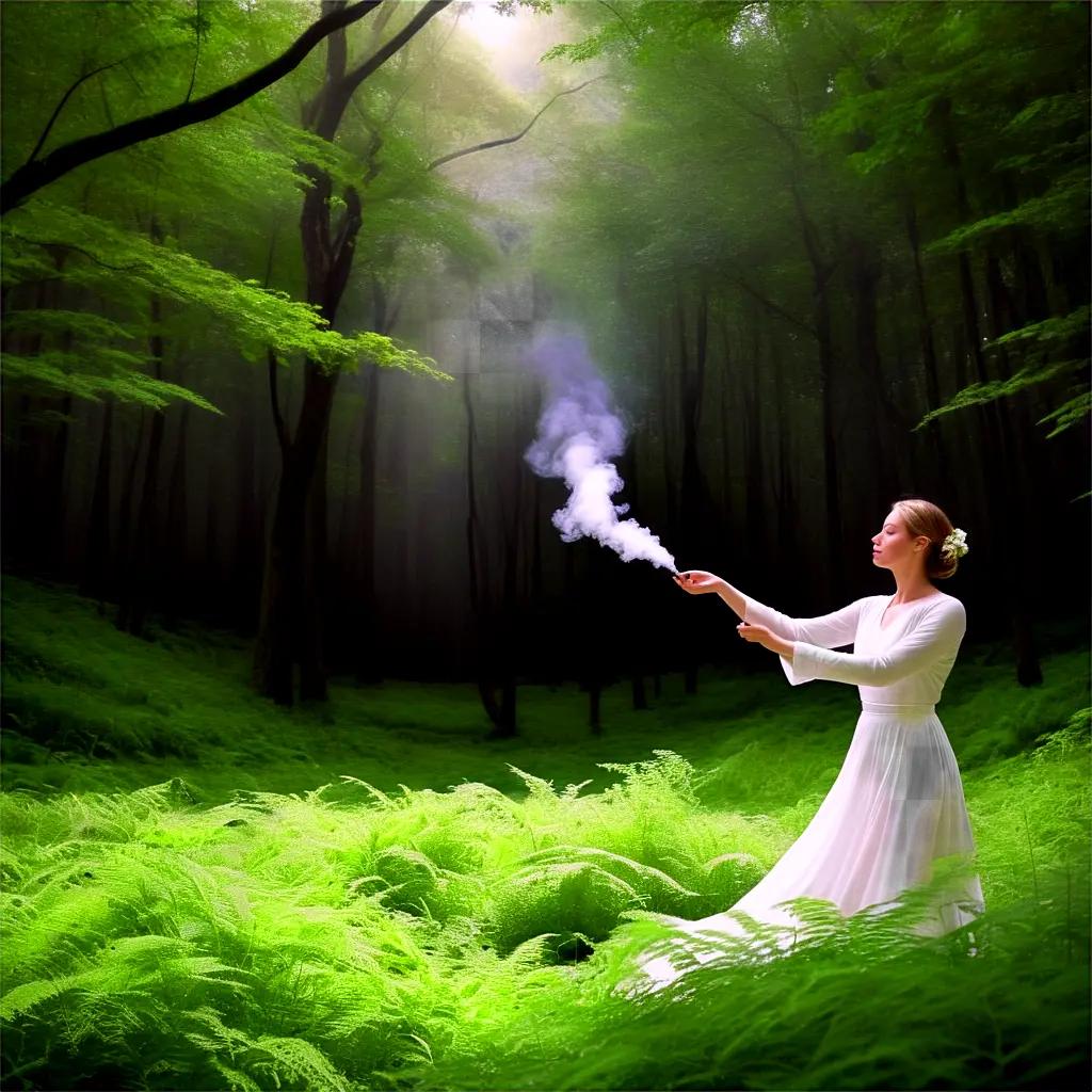 Woman in white inhales smoke from a magical forest