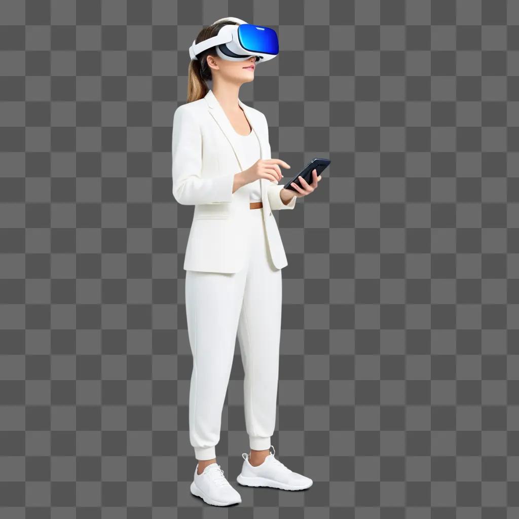 VRヘッドセットとデジタルデバイスを使用する白いジャケットの女性